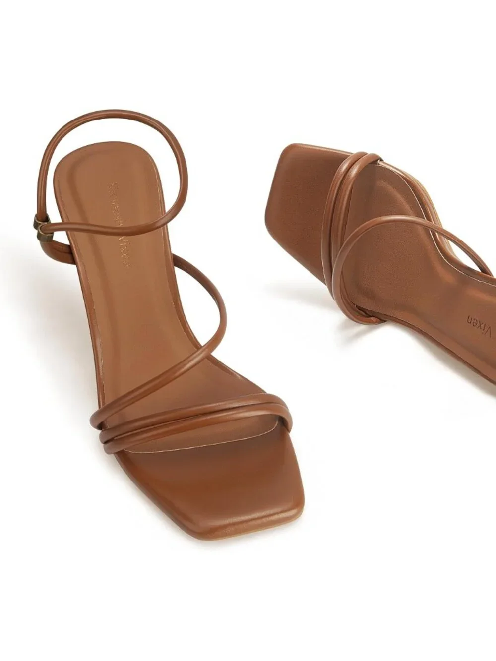 Women's Brown Faux Leather Strappy Square Open Toe Ankle Strap Heels Sandals